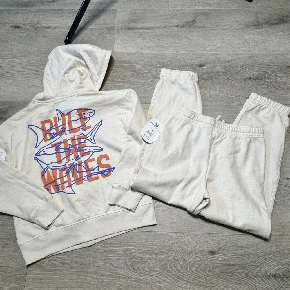 NWT Wonder Nation Boys Cream Rule the Waves Shark Hoodie and‎ Joggers Set Size 8